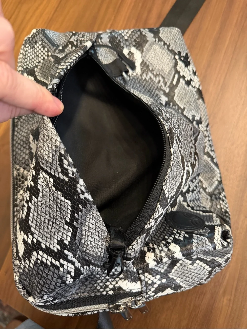 Tushbaby The Pack Snake Print Crossbody Baby Bag in Black & Gray